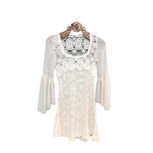 Free People Aurora Cream Crochet Knit Bell Sleeve Mini Dress xs